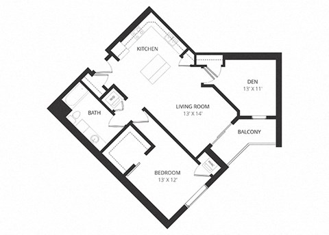 Floor plan for 1 bed, 1 bath, 962 sqft